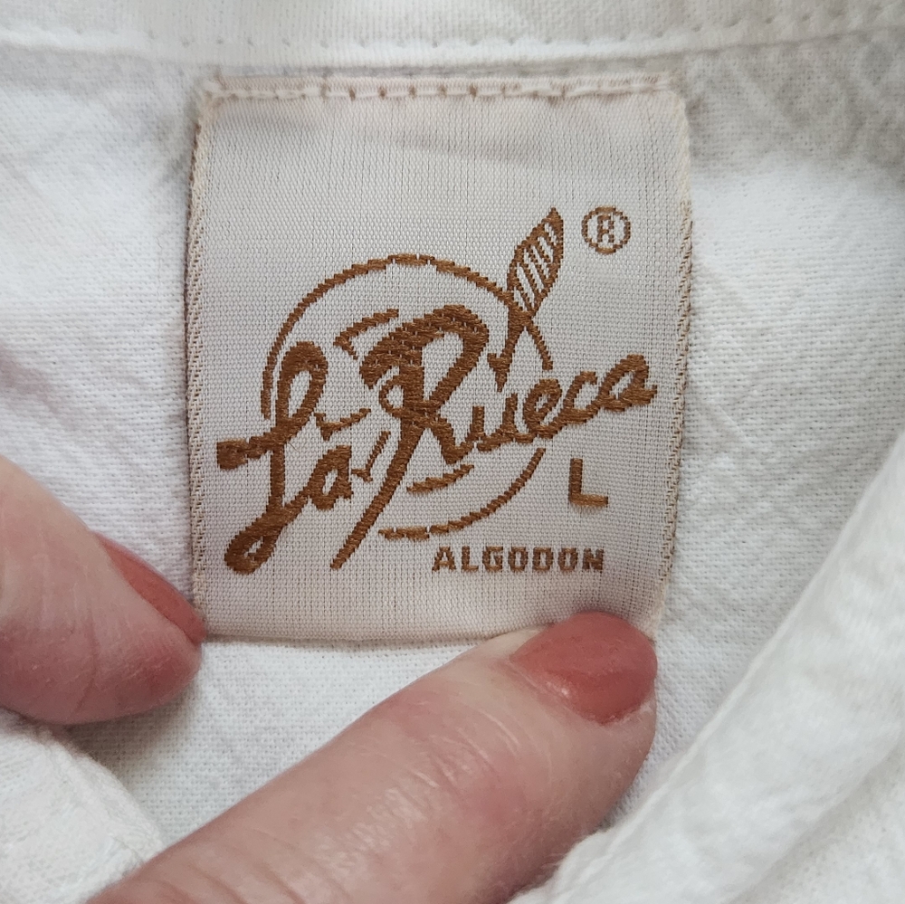La Rueca Vintage Cotton Cream Beige Short Sleeve Button Down Guayabera Shirt L - Picture 4 of 11